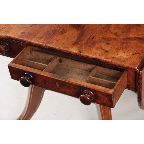 1231 - AN UNUSUAL REGENCY YEW-WOOD AND BONE INLAID SOFA TABLE with hinged fall down sides and two shallow f... 