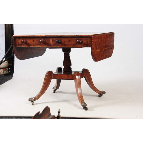 1231 - AN UNUSUAL REGENCY YEW-WOOD AND BONE INLAID SOFA TABLE with hinged fall down sides and two shallow f... 