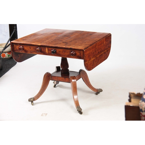 1231 - AN UNUSUAL REGENCY YEW-WOOD AND BONE INLAID SOFA TABLE with hinged fall down sides and two shallow f... 