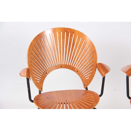 1235 - A PAIR OF FREDERICIA STOLEFABRIK, DENMARK LAMINATED AND BLACKED IRON OPEN ARMCHAIRS with fan pierced... 