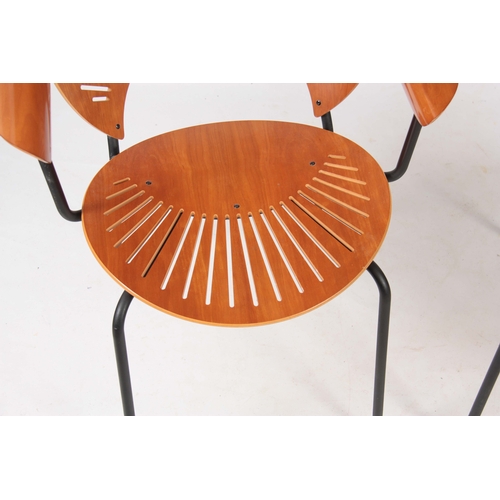 1235 - A PAIR OF FREDERICIA STOLEFABRIK, DENMARK LAMINATED AND BLACKED IRON OPEN ARMCHAIRS with fan pierced... 