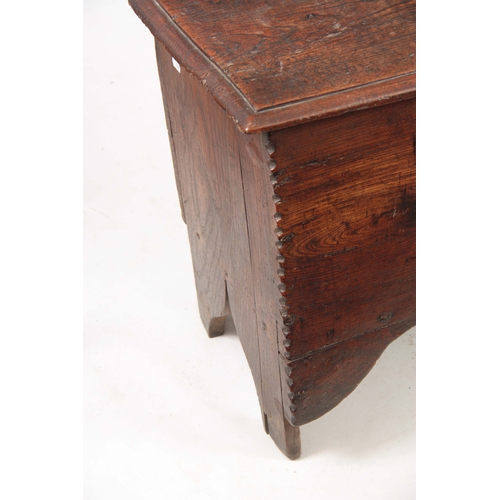 1244 - AN 18TH CENTURY ELM SIX PLANK SWORD BOX with hinged lid and iron-bound lock; standing on shaped end ... 