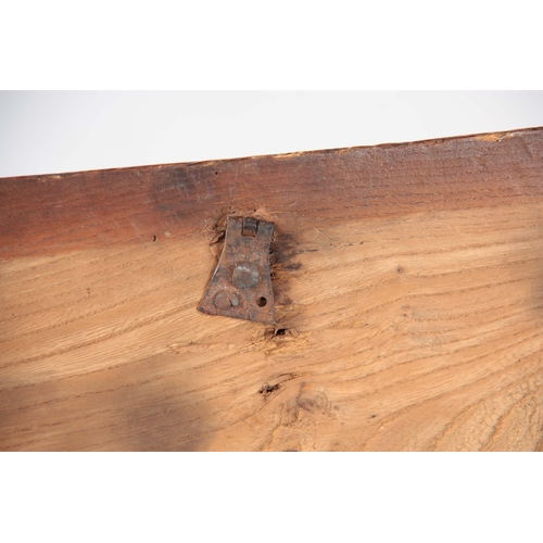 1244 - AN 18TH CENTURY ELM SIX PLANK SWORD BOX with hinged lid and iron-bound lock; standing on shaped end ... 