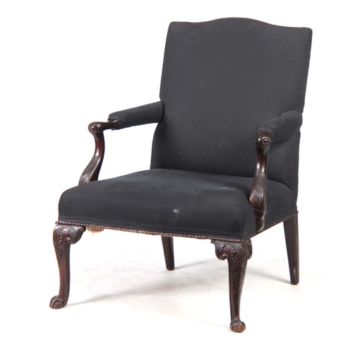 1248 - A GEORGE III MAHOGANY CHIPPENDALE GAINSBOROUGH CHAIR having upholstered shaped back, open arms with ... 