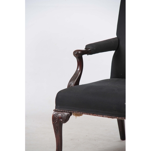 1248 - A GEORGE III MAHOGANY CHIPPENDALE GAINSBOROUGH CHAIR having upholstered shaped back, open arms with ... 