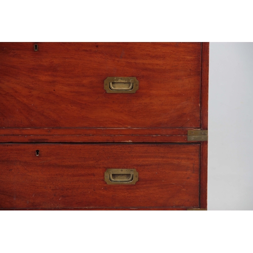 1251 - A 19TH CENTURY CAMPHORWOOD CAMPAIGN CHEST with brass corners and flush brass handle plates, consisti... 