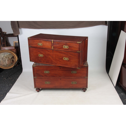 1251 - A 19TH CENTURY CAMPHORWOOD CAMPAIGN CHEST with brass corners and flush brass handle plates, consisti... 