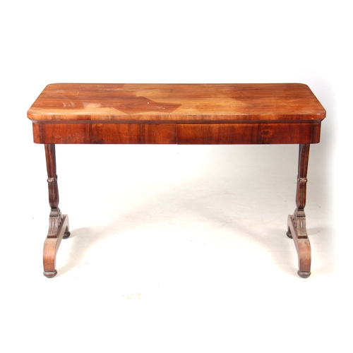 1254 - A WILLIAM IV FIGURED ROSEWOOD LIBRARY TABLE with carved shaped end supports and plinth bases with un... 