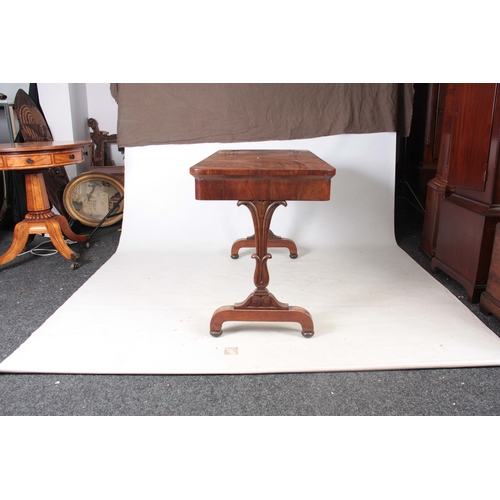 1254 - A WILLIAM IV FIGURED ROSEWOOD LIBRARY TABLE with carved shaped end supports and plinth bases with un... 