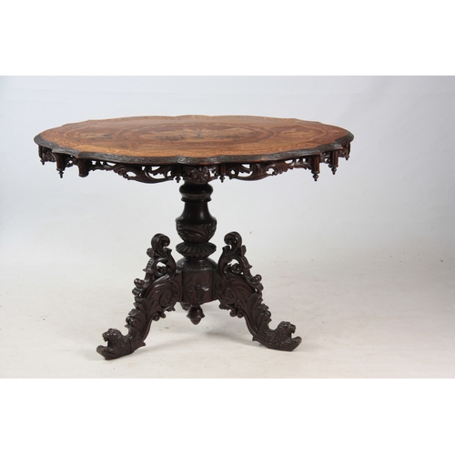 1260 - A LARGE 19TH CENTURY OLIVE WOOD BLACK FORREST INLAID OCCASIONAL TABLE having flame veneered seg... 