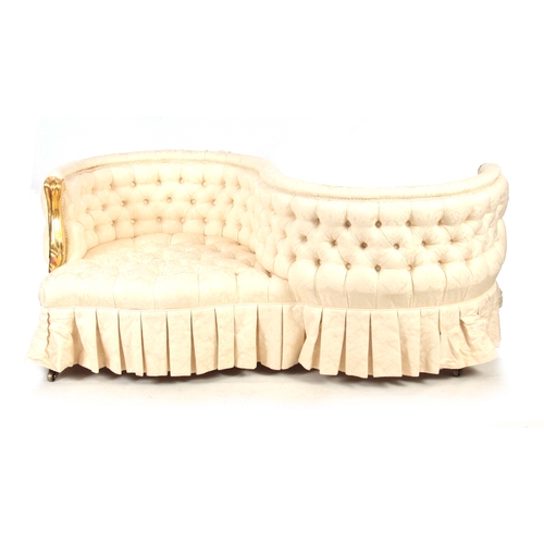 1266 - A 19TH CENTURY SERPENTINE SHAPED BUTTON UPHOLSTERED LOVE SEAT standing on square tapering legs with ... 