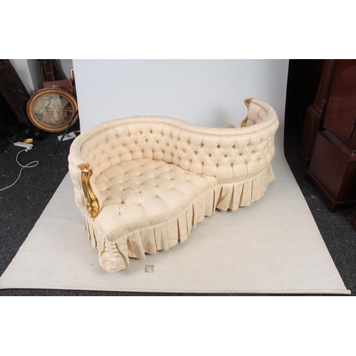 1266 - A 19TH CENTURY SERPENTINE SHAPED BUTTON UPHOLSTERED LOVE SEAT standing on square tapering legs with ... 