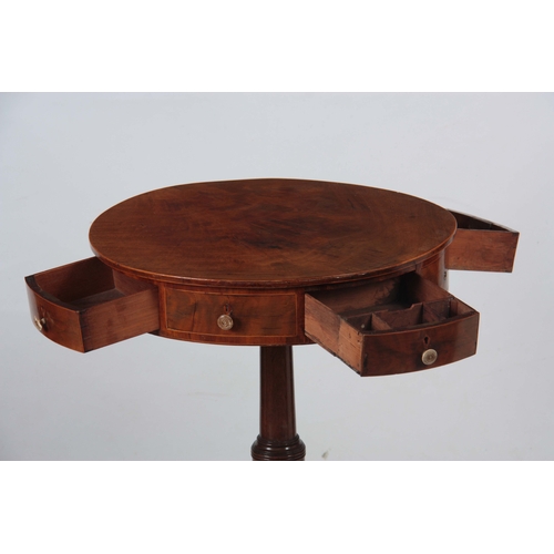 1271 - AN EDWARDIAN FLAMED MAHOGANY MINIATURE DRUM / OCCASIONAL TABLE with small frieze drawers lined with ... 