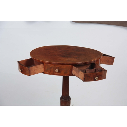 1271 - AN EDWARDIAN FLAMED MAHOGANY MINIATURE DRUM / OCCASIONAL TABLE with small frieze drawers lined with ... 