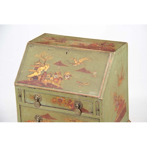 1278 - A 19TH CENTURY QUEEN ANNE STYLE MINIATURE CHINOISERIE BUREAU ON STAND with angled fall revealing a f... 