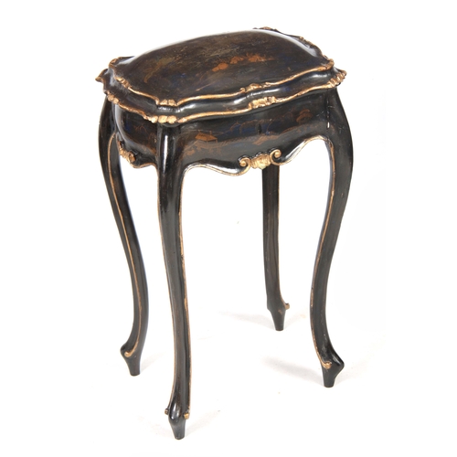 1279 - A FRENCH ROCOCO STYLE LACQUERED CHINOISERIE  STYLE WORKBOX with hinged lid; standing on shaped legs ... 