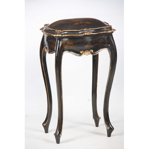 1279 - A FRENCH ROCOCO STYLE LACQUERED CHINOISERIE  STYLE WORKBOX with hinged lid; standing on shaped legs ... 