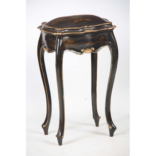 1279 - A FRENCH ROCOCO STYLE LACQUERED CHINOISERIE  STYLE WORKBOX with hinged lid; standing on shaped legs ... 