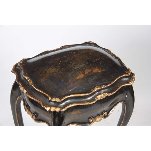 1279 - A FRENCH ROCOCO STYLE LACQUERED CHINOISERIE  STYLE WORKBOX with hinged lid; standing on shaped legs ... 