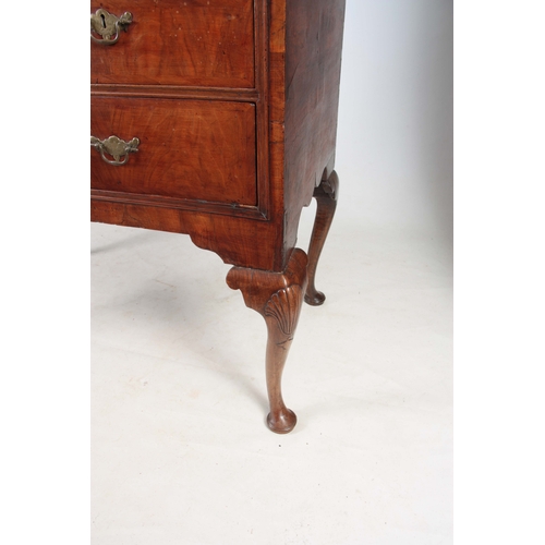 1284 - AN EARLY 18TH CENTURY FIGURED WALNUT CHEST ON STAND with moulded cornice above a drawer configuratio... 