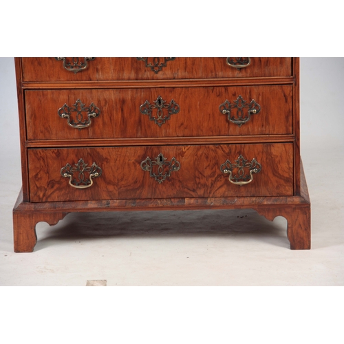 1285 - AN EARLY 18TH CENTURY FIGURED WALNUT MIRRORED CABINET ON CHEST with hinged door revealing a shelved ... 