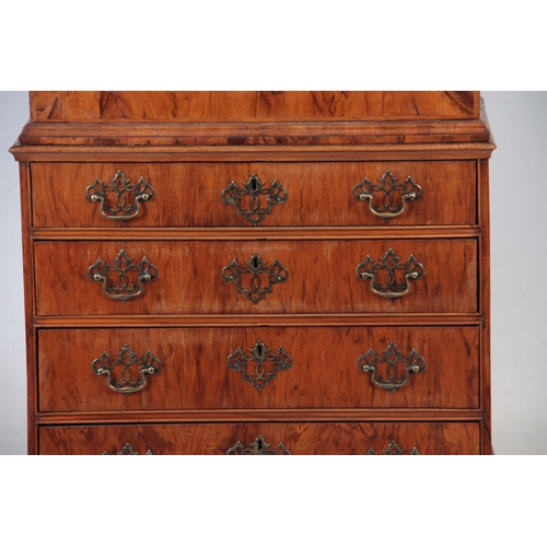 1285 - AN EARLY 18TH CENTURY FIGURED WALNUT MIRRORED CABINET ON CHEST with hinged door revealing a shelved ... 