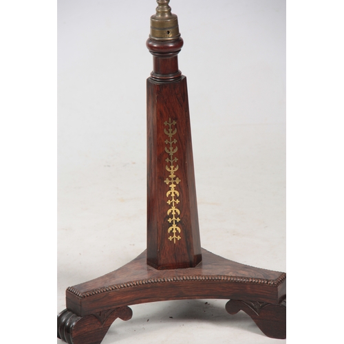 1287 - A REGENCY BRASS INLAID ROSEWOOD POLE SCREEN BASE with brass fitting on a tapering faceted stem and b... 