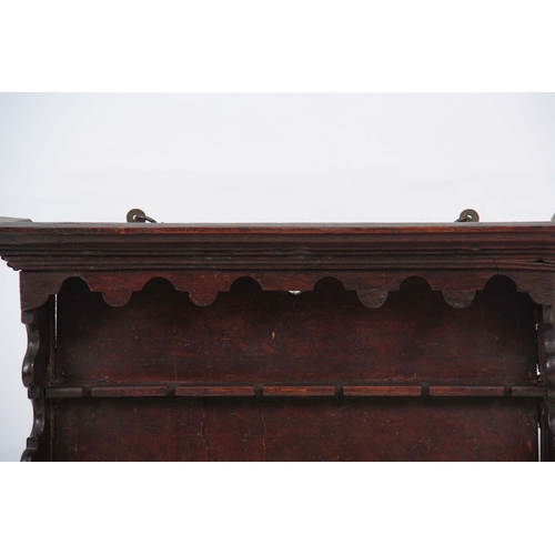 1288 - AN 18TH CENTURY OAK AND FRUITWOOD HANGING SPOON RACK with moulded cornice above wavey edge shaped si... 