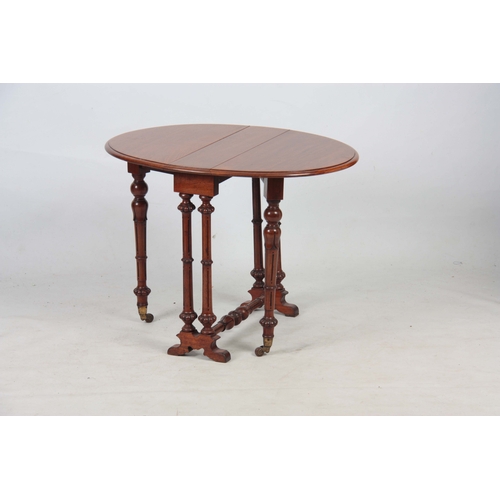 1290 - A 19TH CENTURY WALNUT MINIATURE SUTHERLAND TABLE with moulded edge oval top above a turned base with... 