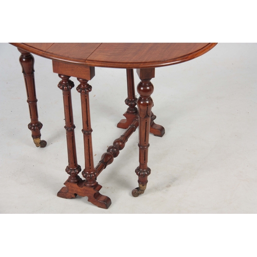 1290 - A 19TH CENTURY WALNUT MINIATURE SUTHERLAND TABLE with moulded edge oval top above a turned base with... 