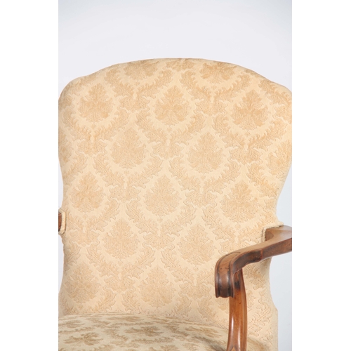 1291 - A GEORGE I STYLE WALNUT UPHOLSTERED ARM CHAIR with arched shaped back above sweeping scrolled arms; ... 