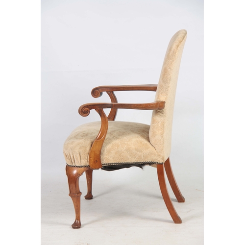 1291 - A GEORGE I STYLE WALNUT UPHOLSTERED ARM CHAIR with arched shaped back above sweeping scrolled arms; ... 