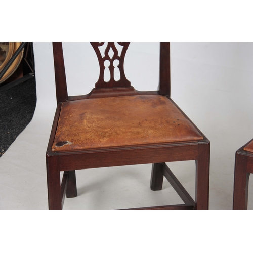 1292 - A PAIR OF GEORGE III MAHOGANY CHIPPENDALE STYLE SIDE CHAIRS with scrolled fold-over corners above  v... 