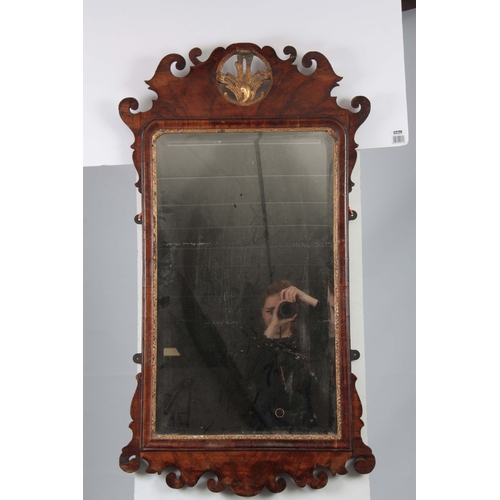 1293 - A LARGE GEORGE II WALNUT AND PARCEL GILT HANGING MIRROR with shaped fret cut frame and leaf carved m... 