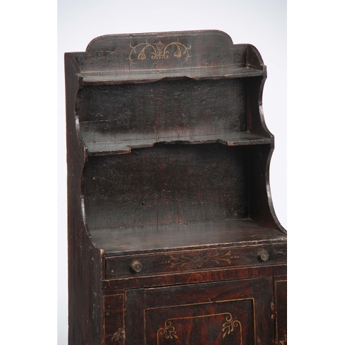 1296 - A SMALL REGENCY PAINTED CHIFFONIER with raised superstructure above a cupboard base with a fitted fr... 