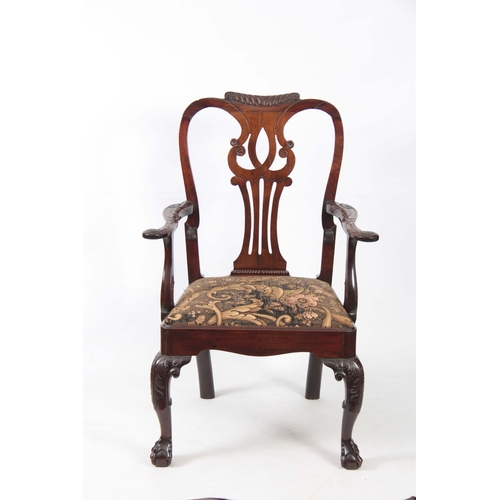 1299 - A GOOD GEORGE II MAHOGANY IRISH OPEN ARMCHAIR with shaped gadrooned top rail above a scrolled back s... 