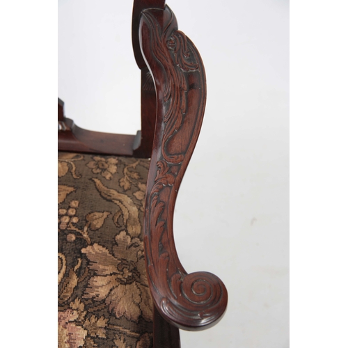 1299 - A GOOD GEORGE II MAHOGANY IRISH OPEN ARMCHAIR with shaped gadrooned top rail above a scrolled back s... 