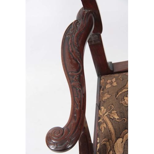 1299 - A GOOD GEORGE II MAHOGANY IRISH OPEN ARMCHAIR with shaped gadrooned top rail above a scrolled back s... 