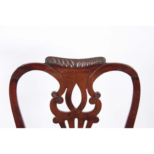 1299 - A GOOD GEORGE II MAHOGANY IRISH OPEN ARMCHAIR with shaped gadrooned top rail above a scrolled back s... 