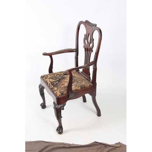 1299 - A GOOD GEORGE II MAHOGANY IRISH OPEN ARMCHAIR with shaped gadrooned top rail above a scrolled back s... 