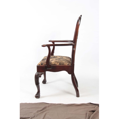 1299 - A GOOD GEORGE II MAHOGANY IRISH OPEN ARMCHAIR with shaped gadrooned top rail above a scrolled back s... 