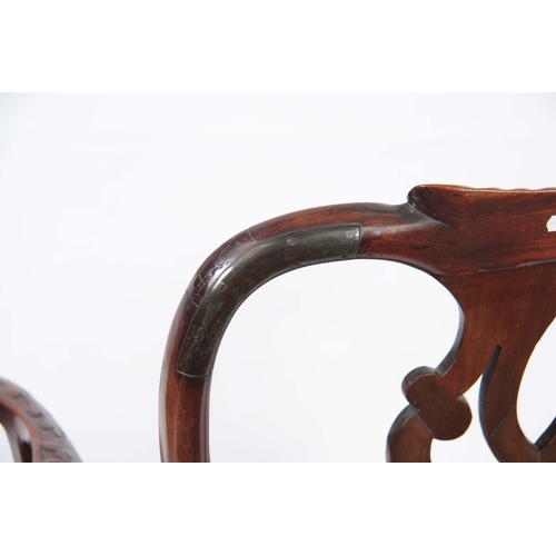 1299 - A GOOD GEORGE II MAHOGANY IRISH OPEN ARMCHAIR with shaped gadrooned top rail above a scrolled back s... 