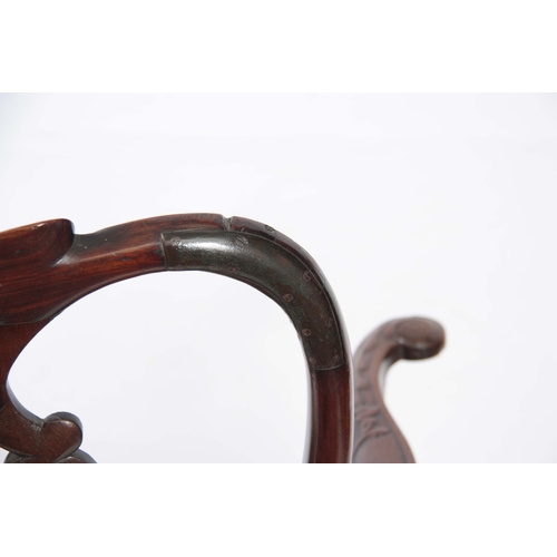 1299 - A GOOD GEORGE II MAHOGANY IRISH OPEN ARMCHAIR with shaped gadrooned top rail above a scrolled back s... 