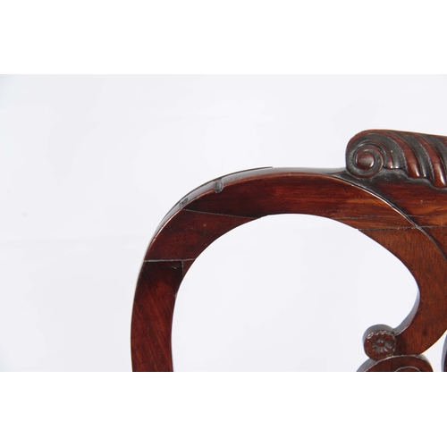 1299 - A GOOD GEORGE II MAHOGANY IRISH OPEN ARMCHAIR with shaped gadrooned top rail above a scrolled back s... 