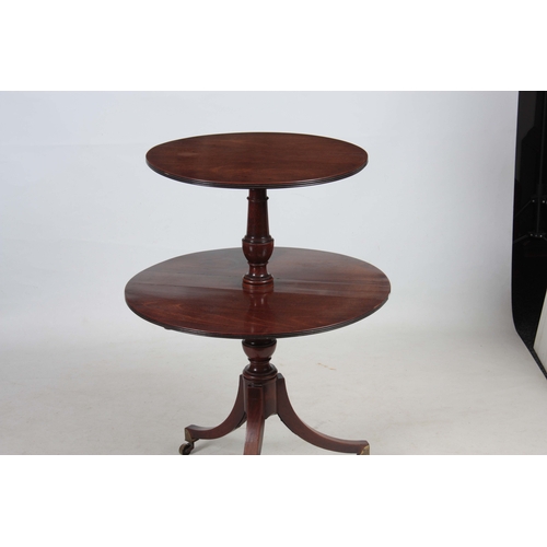 1301 - A GEORGE III MAHOGANY TWO TEIR FOLDING DUMB WAITER IN THE MANER OF GILLOWS having two circular shelv... 