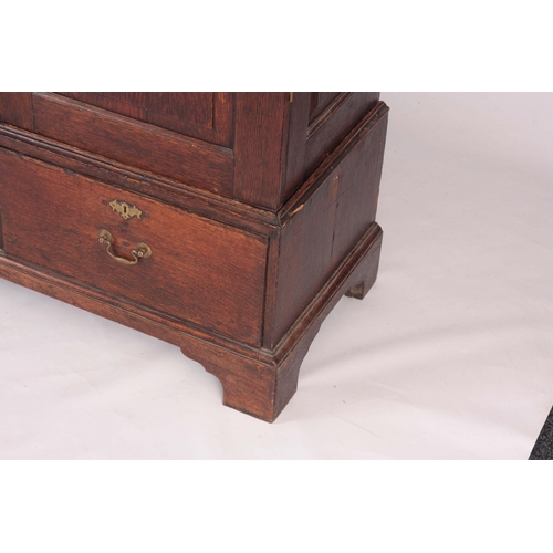 1308 - A MID 18TH CENTURY OAK HALL CUPBOARD with moulded cornice above a pair of arched fielded panel doors... 