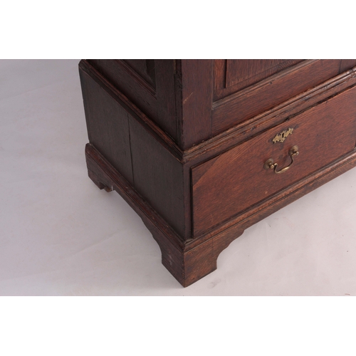 1308 - A MID 18TH CENTURY OAK HALL CUPBOARD with moulded cornice above a pair of arched fielded panel doors... 