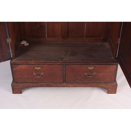 1308 - A MID 18TH CENTURY OAK HALL CUPBOARD with moulded cornice above a pair of arched fielded panel doors... 