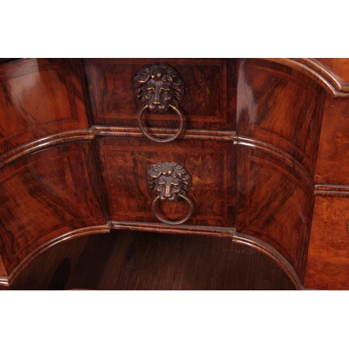 1311 - AN UNUSUAL LATE 17TH CENTURY TWO SECTIONAL BURR WALNUT BUREAU with double shaped kneehole to the fro... 