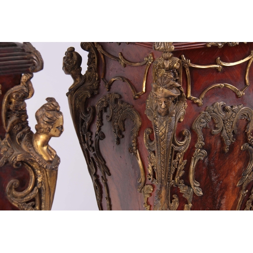 1314 - A PAIR OF 20TH CENTURY LOUIS XV STYLE FRENCH ORMOLU MOUNTED KINGWOOD AND BURR WALNUT PEDESTALS of sq... 